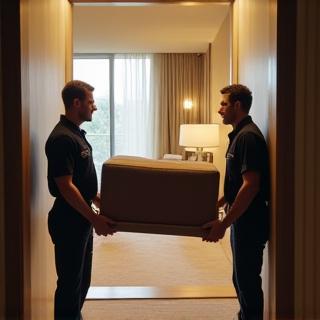 Furniture being installed in a boutique hotel room